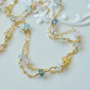 Aquamarine Double Strand Necklace in Gold - Handmade